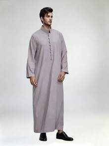 1件淺灰色男士傳統長袍，阿拉伯服飾，Kosa部落，非洲傳統服裝，男士Kurta長裙，適用於齋月、開齋節、婚禮及日常穿著 - 銀色 - 查看 5
