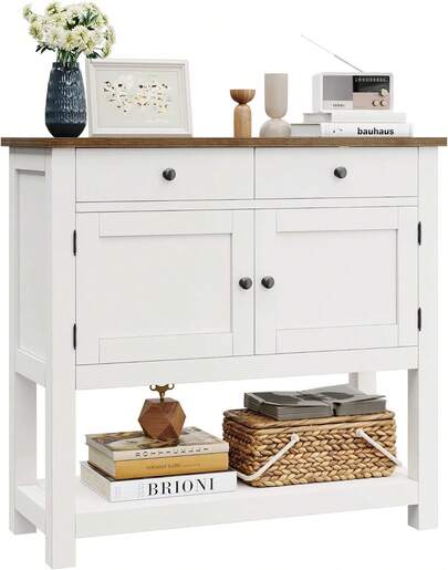Mesa de entrada estilo granja independiente con amplia superficie, 2 cajones, gabinete cerrado de 2 puertas y gran estante inferior abierto, aparador de efecto madera en MDF, mueble auxiliar para sofá, café-bar y buffet con soporte robusto para sala de estar, pasillo y cocina