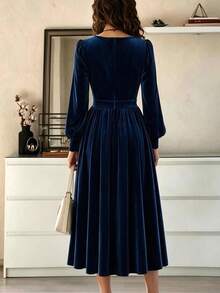 Women's Solid Color Pleated Elegant Cinched Waist Party Long Dress - Navy Blue - View 2