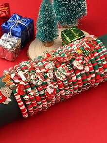 6pcs Christmas Red & Green Striped Soft Clay Elastic Bracelets With Random Christmas Metal Charms, Santa Claus, Christmas Tree, Holiday Accessories - Multicolor - View 5