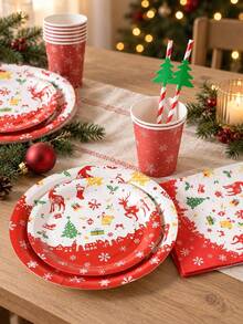 10/20pcs Christmas Disposable Paper Tableware Set (Includes 7-Inch And 9-Inch Plates, Cups, Napkins, Straws), Printed With Reindeer, Christmas Tree, Bell, Gift, Sleigh And Red Border Patterns, Suitable For Christmas Party, Holiday Dinner, Winter Celebration And Holiday Table Setting. - Multi-color 11 - View 3