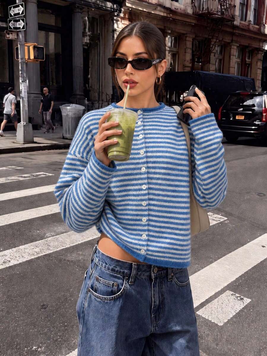 Women's Striped Knit Cardigan, Cropped Blue And White Stripe Button Detail Long Sleeve Round Neck Sweater For Spring Outfits, Medium Stretch Knitwear - Blue and White - View 1