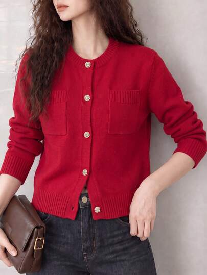 Women's Vintage Red Knit Cardigan, Gold Buttons, Long Sleeve Crew Neck Sweater, Winter Warm