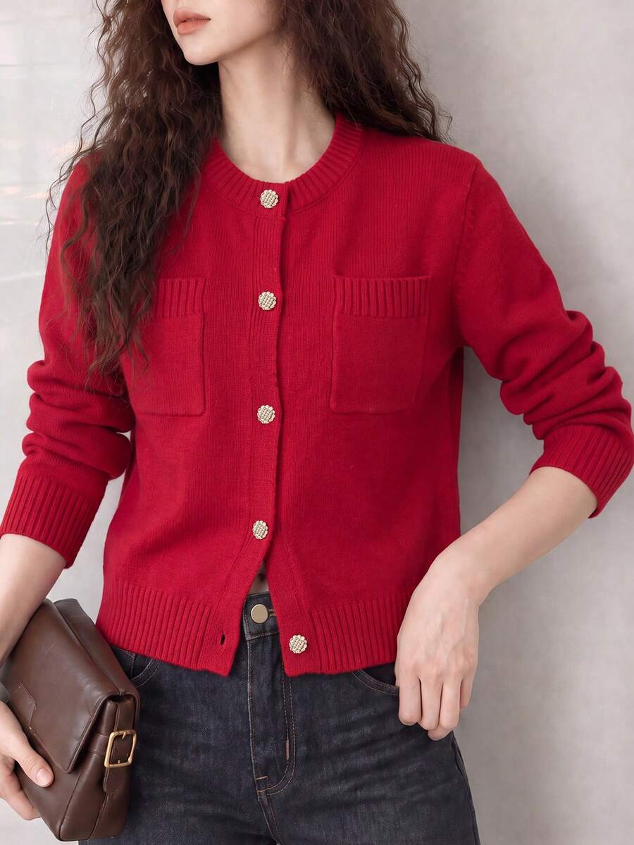 Women's Vintage Red Knit Cardigan, Gold Buttons, Long Sleeve Crew Neck Sweater, Winter Warm - Red - View 1