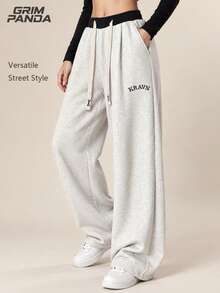 GRIM PANDA Women's Spring Autumn Wide Leg Sweatpants, Contrast Elastic Waist Drawstring Pants, Letter Embroidery Loose Soft Breathable Daily Streetwear Trousers - Light Grey - View 3