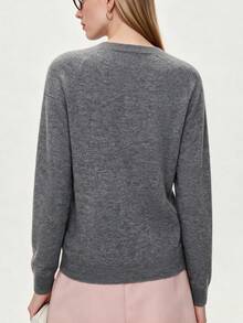 [AURELIA Wool] Solid Gray Ribbed Texture Front Button Office College 100% Wool Minimalist Knit Cardigan Old Money Style Commute Versatile - Grey - View 3
