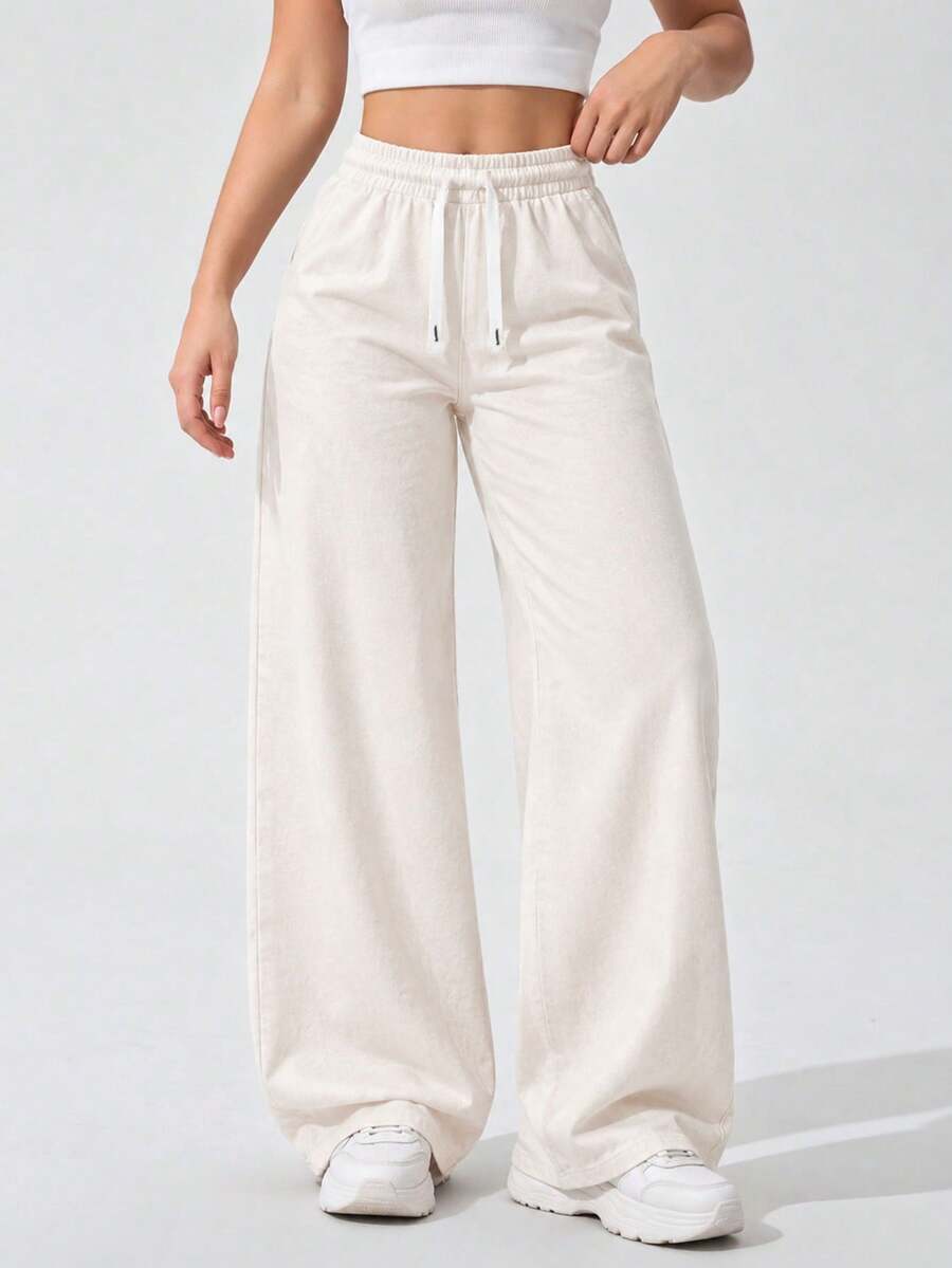 Women High Waist Wide Leg Pants Loose Fit Casual Trousers With Drawstring Waist Solid Color Pants For Everyday Outfit. - White - View 1