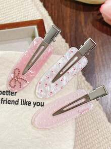 1/3/6pcs Cute Sweet Style Pink Seamless Crocodile Hair Clips, Gentle Girl Style Floral Polka Dot Side Bangs Clips, Rhinestone Bow Hair Clips For Women - Pink - View 9