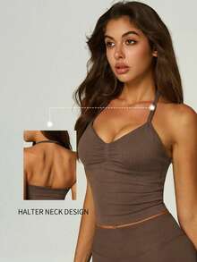 UONNOU Women's Brown Sports Shaping Tank Top, Halter V-Neck Ruched With Padded Support Sports Bra, Yoga Fitness Casual Sports Outfit Summer - Brown - View 2