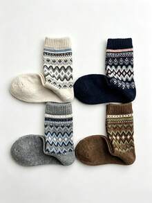5 Pairs Men's Vintage Fair Isle Jacquard Mid-Calf Socks, Diamond Geometric Pattern Casual Socks For Daily Wear, Autumn/Winter - Multicolor - View 7