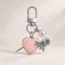 1pc/3pcs Women's Drip Oil Alloy Heart Peach Rose Pendant Faux Pearl Keychain, Gothic Style Halloween Gift Bag Charm Wallet Accessory - Multicolor - View 5