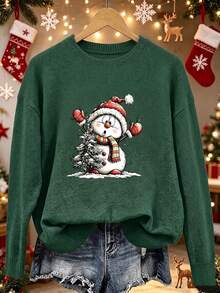 Women's New Arrival: Loose-Fit, Slimming Long-Sleeve Sweater With Christmas Tree &SnowmanPrint– PerfectforLounging,HolidayGifting,AndFestiveGatherings - Dark Forest Green - View 8