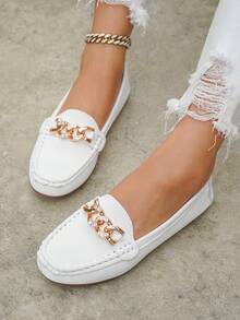 Women's Spring New Gold Chain Elegant Slip-On Loafers, Lightweight Comfortable Versatile Rubber Flat Shoes - White-chain - View 4