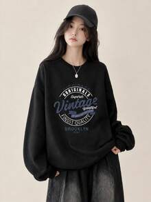 Women's Fashion Autumn/Winter Loose Casual Versatile Letter Print Pattern Crew Neck Sweatshirt - Black - View 3