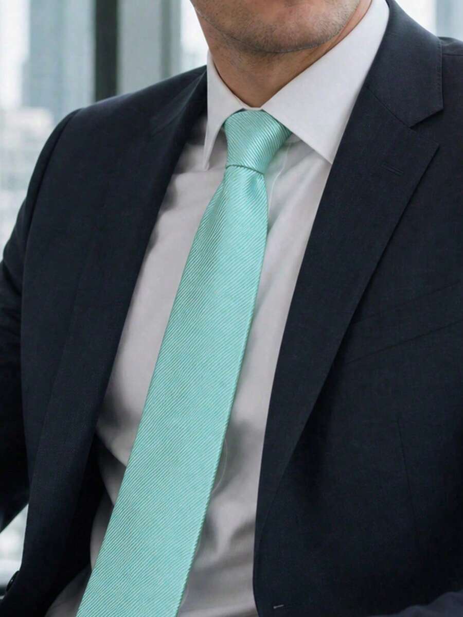 1pc Classic Men's Solid Mint Green Textured Diagonal Stripe Tie, Formal Business Ball Wedding Daily Suit Tie, Gentleman Style - Baby Blue - View 1