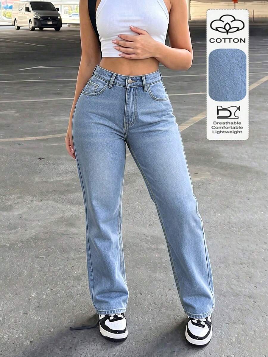 Solid Color Washed Casual Denim Long Pants Women's All Season New Arrival Minimalist Daily - Medium Wash - View 1