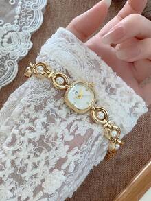 1件 FF 復古金色方形女款石英手錶－白色珠飾錶帶、白色錶盤、水鑽刻度－適合日常配戴與送禮 - 金色 - 查看 4