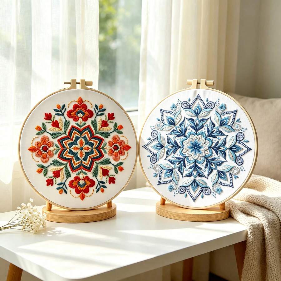 Bohemian Mandala Embroidery Kit DIY Handmade Materials Including Embroidery Hoop, Beginner Zero-Based Stress Relief Home Decor Desktop Ornament