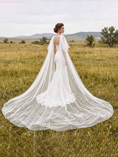 1pc Bohemian Style Tulle Bridal Shawl With Cathedral Train, Church Wedding Cape, Wedding Photo Party Bridal Accessory