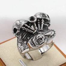 1pc European And American Hot-Selling Engine Skull Fashion Men's Stainless Steel Ring Hand Jewelry, Gift For Colleagues And Friends - Black - View 7