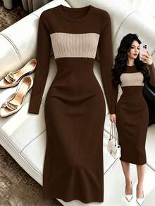 New Women's Autumn Four-Season Elegant Color-Block Patchwork Round-Neck Slim-Fit Ribbed Knit Premium Fashion Tight Dress. - Coffee Brown - View 6