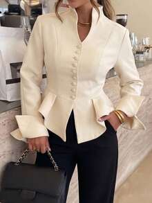 Unadoll Women's Autumn Elegant Stand Collar Single-Breasted Ruffle Trim Blazer, Long Flare Sleeve Slim Fit Formal Jacket, Suitable For Office, Daily And Outings - Off White - View 5