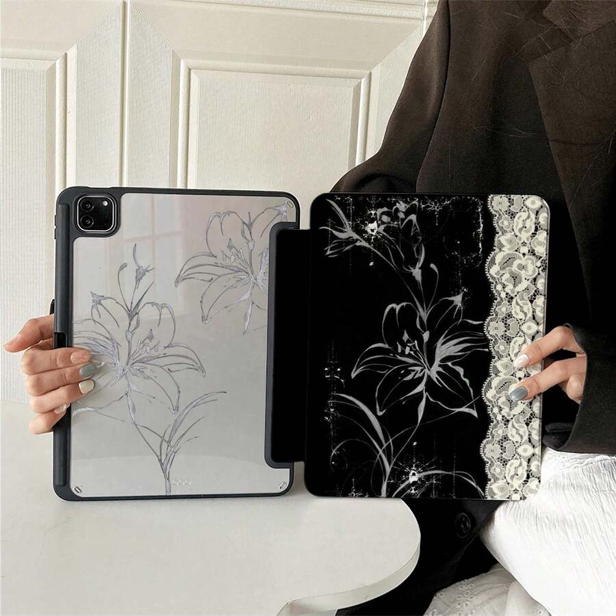 1件百合花蕾絲印花平板保護殼，可折疊支架多角度觀看，適合工作與娛樂，附筆槽，相容 iPad Pro 2024/Air M3/A16 2025、小米、三星、華為 MatePad