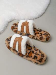 Color Block Plush Slippers Fuzzy Slip-On Flat Bottom Indoor Slip-On Fashion Women Shoes - Leopard - View 2