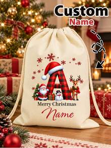 Custom Initial Christmas Drawstring Backpack, Personalized Canvas Gift Bag, Christmas Letters Holiday Storage Sack, Customized Multipurpose Bag For Christmas Decorations, Customizable Name Festive Party Supplies, Christmas Gift For Family Friends - Style B - View 1