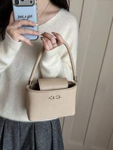 女款新款百搭水桶包 小眾通勤單肩斜挎包 時尚購物手提包 PU皮革 - 卡其色 - 查看 7