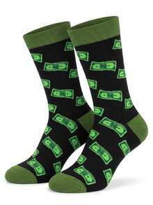 1/3/5 Pairs Men's Dollar Pattern Mid-Calf Socks, Black Base With Green Coin Design, Elastic And Comfortable. Unisex Style Suitable For All Seasons, Perfect For Daily Wear And Gifting. - Multicolor - View 9