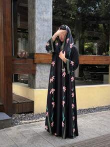Hafizah Modest Printed Cardigan & Headscarf 2 Pieces Abaya Set For Women Black Wedding Party Fall - Black - View 4