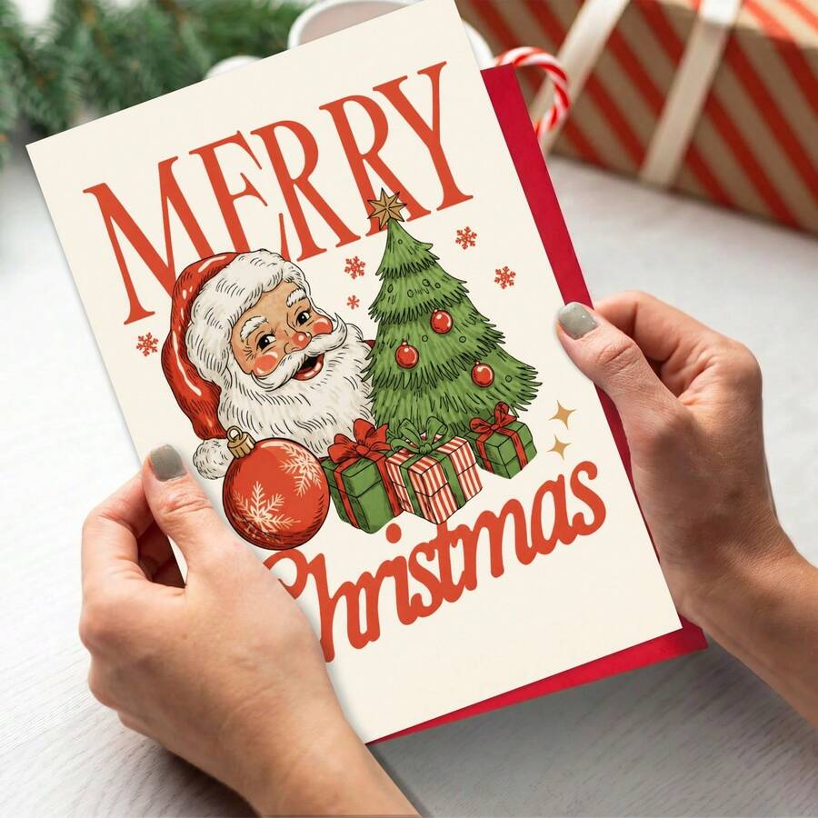 1pc Vintage Santa Claus Theme Christmas Greeting Card Holiday Blessing Message Card Christmas Cards - Christmas Card - View 1