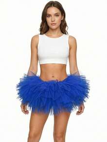 5-Layer Halloween Gothic E-Girl Black Mesh Layered Mini Skirt - High Waist Ruffle Fluffy Ballet Skirt, Streetwear And Party Outfit - Royal Blue - View 3