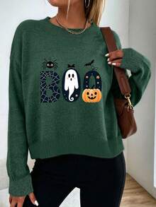 Plus Size Women's Ghost Reading Bookshelf Graphic Casual Pullover Sweater - Dark Forest Green - View 4