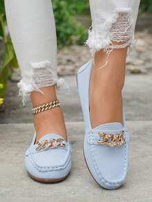 Women's Spring New Gold Chain Elegant Slip-On Loafers, Lightweight Comfortable Versatile Rubber Flat Shoes - Light Blue-chain - View 3