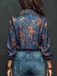 Women's Autumn Bohemian Print Button Satin Design Top, Comfortable Fashionable Elegant Versatile Commute Autumn/Winter Blouse - Navy Blue - View 4