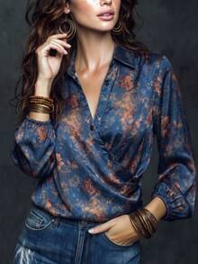 Women's Autumn Bohemian Print Button Satin Design Top, Comfortable Fashionable Elegant Versatile Commute Autumn/Winter Blouse - Navy Blue - View 5