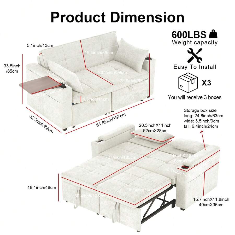 2‑Seater White 3‑In‑1 Sleeper Sofa Bed, Convertible Pull‑Out Double Couch, Built‑In Hidden Small Table & Cup Holders For Small Spaces - White - View 1