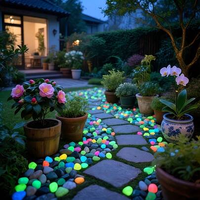 Piedras luminosas de colores mixtos, brillan después de la absorción de luz, tamaño 1.2cm-1.5cm, adecuadas para decoración de jardín, también adecuadas para acuario, decoración de tanque de peces y plantas en maceta, sin necesidad de electricidad, decoración nocturna de bajo mantenimiento