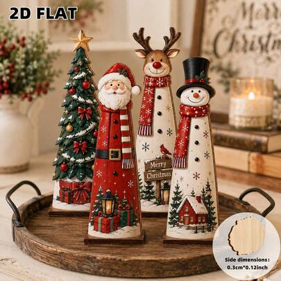 4/1pc 2D Flat Wooden Christmas Decor, Extended Version, Cute, Perfect Holiday Gift, Desktop Office, Home Decoration Ornament, Christmas Decoration, Suitable For All Scenes, Vintage, Pastoral, Halloween, Santa Claus Reindeer Snowman Christmas Tree Set, Home Desktop Window Display Holiday Gift Ornament