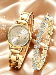 2PCS/1PC-Watch Optional Women's Gold Stainless Steel Strap Wristwatch Set, Classic Vintage Style, Roman Numeral Dial Minimalist Elegant, Paired With Hollow Heart Gold Women's Bracelet, Elegant Luxury Hand Accessory, Luxury Women's Gift, Suitable For Graduation Anniversary Gift, Exquisite Elegant Women's Accessory Set. - Gold - View 6