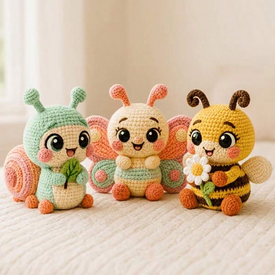 DIY Crochet Material Kit]3 Styles Insect Plush Set Snail/Butterfly/Honeybee Beginner Friendly One-Stop Material Kit Yarn Knitting Ornament Gift For Girlfriend And Best Friend - C-Multicolor Set - View 1