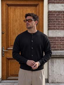 Lookun Men's Round Neck Single-Breasted Knit Cardigan Loose Drop Shoulder Minimalist Long Sleeve Sweater Jacket Autumn/Winter - Black - View 10