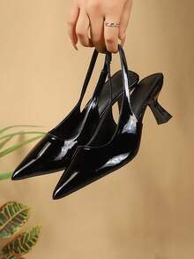Elegant Pointed Toe Slingback Heels, Stretchy Rear Strap, Wedding Guest Footwear, Stylish Women Dress Shoes - Black - View 3