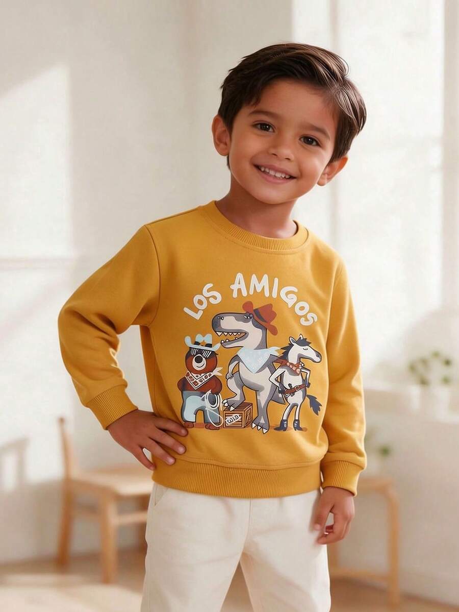 Boys Round Neck Long Sleeve Sweatshirt Western Cowboy Dinosaur Animal English Print Loose Casual Pullover Sweatshirt For Toddlers And Young Children - Orange - View 1