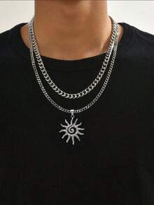 2Pcs Vintage Hip Hop Layered Necklace Set, Alloy Sun Spiral Pendant With Stainless Steel Chain For Men, Daily & Holiday Gift - Silver - View 2