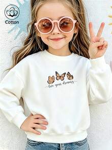 Kids Cotton Crewneck Sweatshirt With Orange Butterfly Print & Live Your Dreams Text, White Long Sleeve Pullover - White - View 2