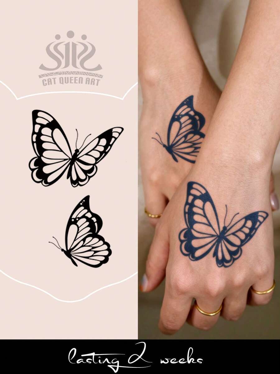 1pc Herbal Juice Semi-Permanent Magic Tattoo Sticker, INS Style Butterfly Design, Long-Lasting 14 Days, No Fading, Non-Reflective, Temporary Tattoo Sticker For Arm, Shoulder, Neck, Collarbone, Leg And Body - Blue - View 1