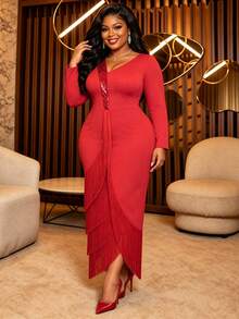 Plus Size Women Elegant Red Sequin Fringe Dress V Neck Long Sleeve Layered Tassel Split Formal Church Evening Wedding Guest Party Maxi Dresses - Red - View 5